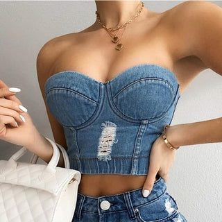 Sexy short Denim Halter crop top women vintage summer alodia store