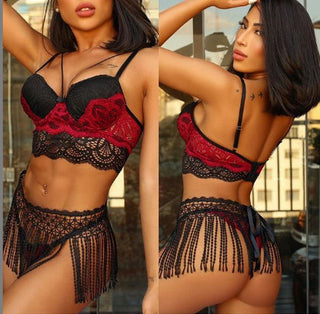 Sexy Lingerie Sets  Lace Push Bra + Fringed Waistband and G-sting Panty Three-piece Suit Women Underwear exotic Pajamas Clothes ALODIA STORE