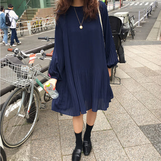 LANMREM 2023 New Korean Summer Fashion Women Clothes Vacation Dresses Lantern Sleeves Pullover Loose Chiffon Dress Pleated WG686 ALODIA STORE