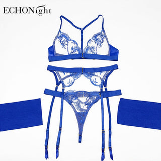 Echonight Sexy Women's Underwear Transparent Lingerie Embroidery Wireless Bra and Panty Set with Thongs Blue Lace Erotic Sets ALODIA STORE