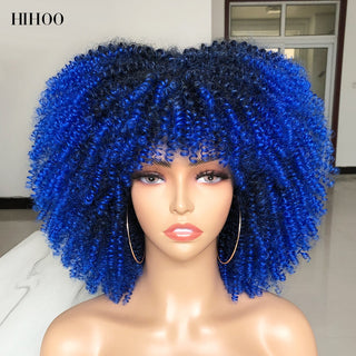Short Afro Kinky Curly Wig With Bangs For Black Women Cosplay Lolita Natural Hair Ombre Mixed Brown Synthetic African Wigs ALODIA STORE