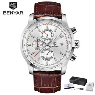 BENYAR Brand Sport Men Watch Top Brand Luxury Male Leather Waterproof Chronograph Quartz Military Wrist Watch Men Clock saat ALODIA STORE
