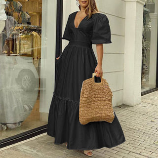 Summer Puff Shoulder Sexy Party Dress Spring Solid Button Long Shirt Dress Women Elegant Turn-down Collar Office Lady Maxi Dress ALODIA STORE
