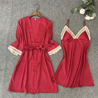Satin Robe Set Sexy Female Sleepwear Summer Kimono Bathrobe Lace Trim Bride Bridesmaid Dressing Gown Casual Nightgown ALODIA STORE