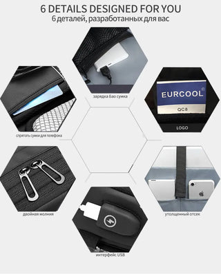 EURCOOL Crossbody Bag Men USB Charging Chest Pack Travel Water Repellent Hand Casual Shoulder Bag Male Purses сумки на плечо ALODIA STORE