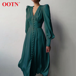 OOTN White Single Breasted Elegant Dress For Women Party Robe High Waist Satin Long Dress Chic Midi Dresses Lantern Sleeve ALODIA STORE