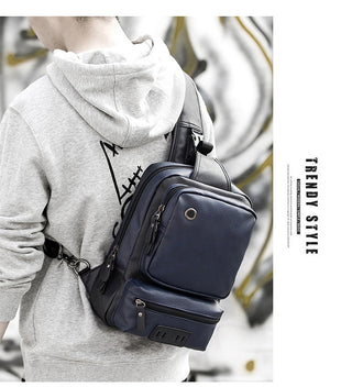 Scione Men Leather Backpacks Waterproof Chest Crossbody Bags Fashion Outdoor Business Casual Bag With Earphone Hole ALODIA STORE
