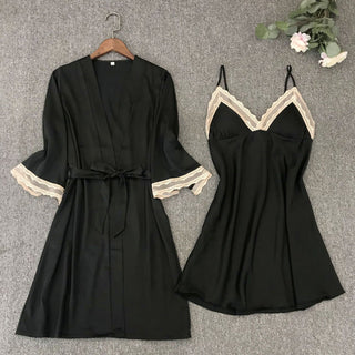 Satin Robe Set Sexy Female Sleepwear Summer Kimono Bathrobe Lace Trim Bride Bridesmaid Dressing Gown Casual Nightgown ALODIA STORE