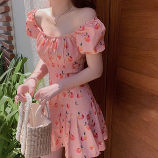 Pink Elegant Kawaii Dress Women Floral Print Cherry Mini Dress Female Casual Sweet Japan Korean Style Summer Dress Women 2020 ALODIA STORE