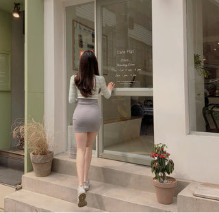 Fresh mint color Korean round neck stripe contrast knit bag hip dress knitting Cotton  Office Lady  Sheath  Knee-Length ALODIA STORE