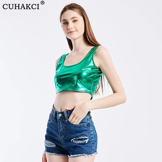 CUHAKCI Club Women Street Crop Tops Summer Tanks Slim bright Short Top Sleeveless U Croptops Ladies Vest XXL Sexy Tank ALODIA STORE