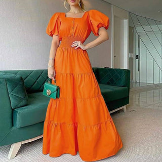 Summer Puff Shoulder Sexy Party Dress Spring Solid Button Long Shirt Dress Women Elegant Turn-down Collar Office Lady Maxi Dress ALODIA STORE