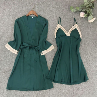 Satin Robe Set Sexy Female Sleepwear Summer Kimono Bathrobe Lace Trim Bride Bridesmaid Dressing Gown Casual Nightgown ALODIA STORE