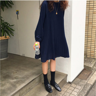 LANMREM 2023 New Korean Summer Fashion Women Clothes Vacation Dresses Lantern Sleeves Pullover Loose Chiffon Dress Pleated WG686 ALODIA STORE
