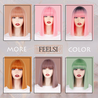 Short Bob Synthetic Wigs With Bangs for Women Wigs Blonde Black Blue fiber Natural Hair for Lolita Cosplay Party Daily Use ALODIA STORE