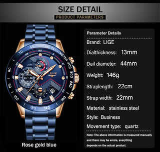 LIGE Men Watches Top Brand Luxury Stainless Steel Blue Waterproof Quartz Watch Men Fashion Chronograph Male Sport Military Watch ALODIA STORE