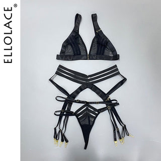 Ellolace 3-Piece Sheer Lingerie Sexy Lace Transparent Underwear Wireless Bra And Panty Set Garters and Thongs Sensual Intimate ALODIA STORE