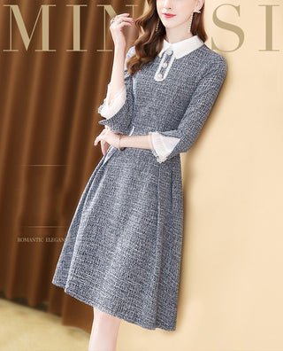 EVNISI Women 2023 Winter Grey Dress Tweed Dress For Party A-Line Flare Sleeve Woolen Dress Holiday Vestidos Thick Outerwear ALODIA STORE