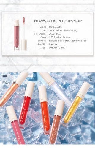 FOCALLURE Lipgloss Last High Shine Glow Plumpling Not-sticky Liquid Moisturizer Lip Balm Waterproof Lip Tint Makeup ALODIA STORE