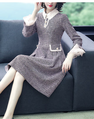 EVNISI Women 2023 Winter Grey Dress Tweed Dress For Party A-Line Flare Sleeve Woolen Dress Holiday Vestidos Thick Outerwear ALODIA STORE