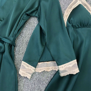 Satin Robe Set Sexy Female Sleepwear Summer Kimono Bathrobe Lace Trim Bride Bridesmaid Dressing Gown Casual Nightgown ALODIA STORE