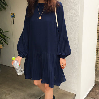 LANMREM 2023 New Korean Summer Fashion Women Clothes Vacation Dresses Lantern Sleeves Pullover Loose Chiffon Dress Pleated WG686 ALODIA STORE