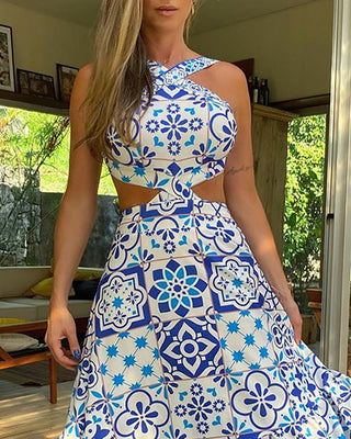 Vintage Printed Dresses Summer 2022 Women Sleeveless Halter Sexy Long Dress A-Line Elegant Woman Pary Dress ALODIA STORE
