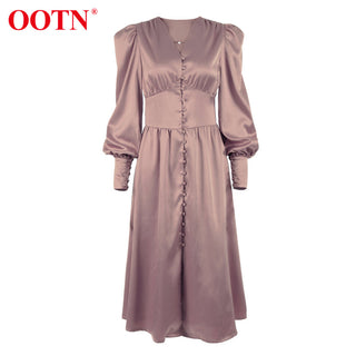 OOTN White Single Breasted Elegant Dress For Women Party Robe High Waist Satin Long Dress Chic Midi Dresses Lantern Sleeve ALODIA STORE
