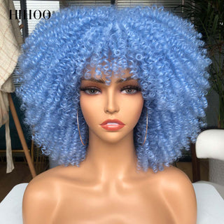 Short Afro Kinky Curly Wig With Bangs For Black Women Cosplay Lolita Natural Hair Ombre Mixed Brown Synthetic African Wigs ALODIA STORE