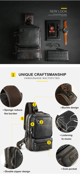 Scione Men Leather Backpacks Waterproof Chest Crossbody Bags Fashion Outdoor Business Casual Bag With Earphone Hole ALODIA STORE