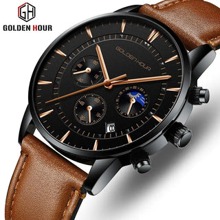 GOLDENHOUR Men's Watch Top Brand Luxury Fashion Quartz Watch Men Leather Waterproof Sports Wrist Watch Male Relogio Masculino ALODIA STORE