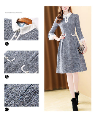 EVNISI Women 2023 Winter Grey Dress Tweed Dress For Party A-Line Flare Sleeve Woolen Dress Holiday Vestidos Thick Outerwear ALODIA STORE