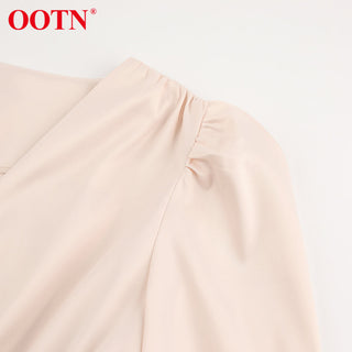 OOTN White Single Breasted Elegant Dress For Women Party Robe High Waist Satin Long Dress Chic Midi Dresses Lantern Sleeve ALODIA STORE
