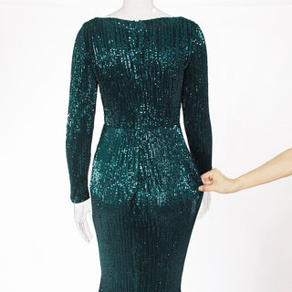 Enenthelabel O Neck Full Sleeved Maxi Dress Stretch Sequined Floor Length Evening Party Dress ALODIA STORE