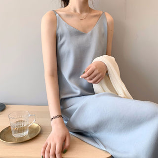 Spring summer Woman Tank Dress Casual Satin Sexy Camisole Elastic Female Home Beach Dresses v-neck camis sexy dress ALODIA STORE