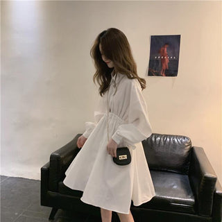 QWEEK Shirt Dress Women Korean Style Polo Collar Black ALODIA STORE