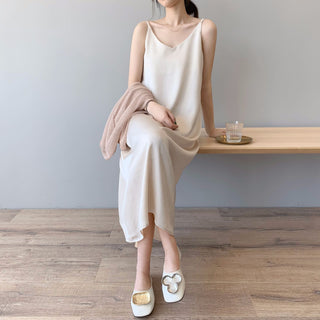 Spring summer Woman Tank Dress Casual Satin Sexy Camisole Elastic Female Home Beach Dresses v-neck camis sexy dress ALODIA STORE