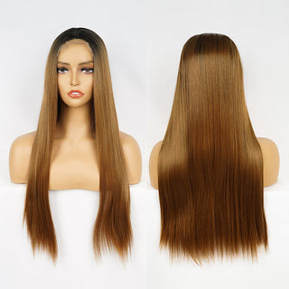 Perruque de Cosplay synthétique lisse et longue, noire ombrée, avec raie centrale naturelle, résistante à la chaleur, brune 613, pour femmes, 28 pouces ALODIA STORE