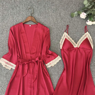 Satin Robe Set Sexy Female Sleepwear Summer Kimono Bathrobe Lace Trim Bride Bridesmaid Dressing Gown Casual Nightgown ALODIA STORE