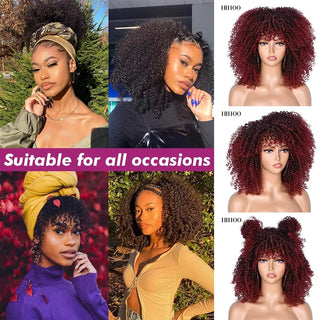 Short Afro Kinky Curly Wig With Bangs For Black Women Cosplay Lolita Natural Hair Ombre Mixed Brown Synthetic African Wigs ALODIA STORE