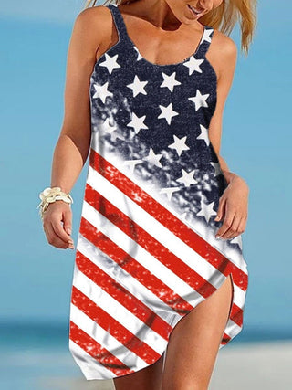 Summer Sexy Beach Dress USA Flag 3D Printed Women Spaghetti Strap Dresses Streetwear Colorful Sunflowers Boho Female Party Dress ALODIA STORE