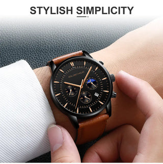 GOLDENHOUR Men's Watch Top Brand Luxury Fashion Quartz Watch Men Leather Waterproof Sports Wrist Watch Male Relogio Masculino ALODIA STORE