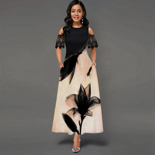 Fashion Vintage Long Dress Women Sexy Lace Short Sleeve Off-shoulder O-neck Party Dress 2021 Summer Floral Printed Elegant Dress ALODIA STORE