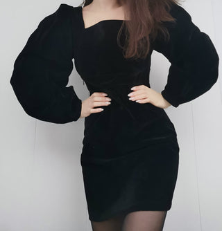 Mnealways18 Evening Puff Sleeve Women Velvet Dress Winter Black Sexy Bodycon Dress Square Collar Mini Party Dresses Elegant 2023 ALODIA STORE