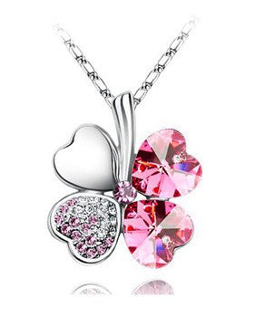 Fashion Jewelry Silver Color Austrian Crystal Necklace Four Leaf Leaves Clover Heart Rhinestones Pendant Necklace Jewelry ALODIA STORE