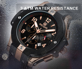 MEGIR Brand Men Watch Quartz Watch Gold Rubber Band 3ATM Water Resistant Chronograph Mens Quartz Wrist Watch ALODIA STORE