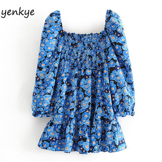 Vintage Blue Floral Print Dress Women Lantern Sleeve Square Neck A-line Dress Modern Female Holiday Summer Mini Chiffon Dress ALODIA STORE