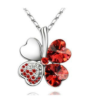 Fashion Jewelry Silver Color Austrian Crystal Necklace Four Leaf Leaves Clover Heart Rhinestones Pendant Necklace Jewelry ALODIA STORE