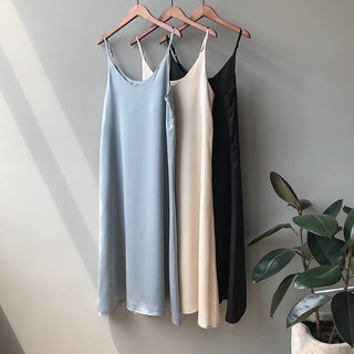 Spring summer Woman Tank Dress Casual Satin Sexy Camisole Elastic Female Home Beach Dresses v-neck camis sexy dress ALODIA STORE