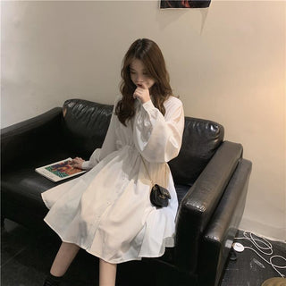 QWEEK Shirt Dress Women Korean Style Polo Collar Black ALODIA STORE